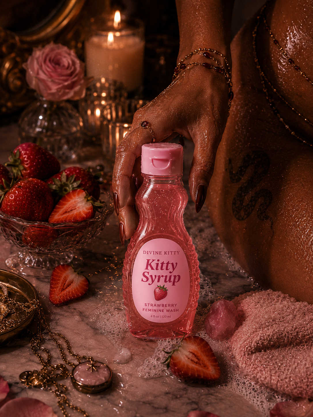 Divine Kitty Strawberry Kitty Syrup wash held against candlelit skin with strawberries