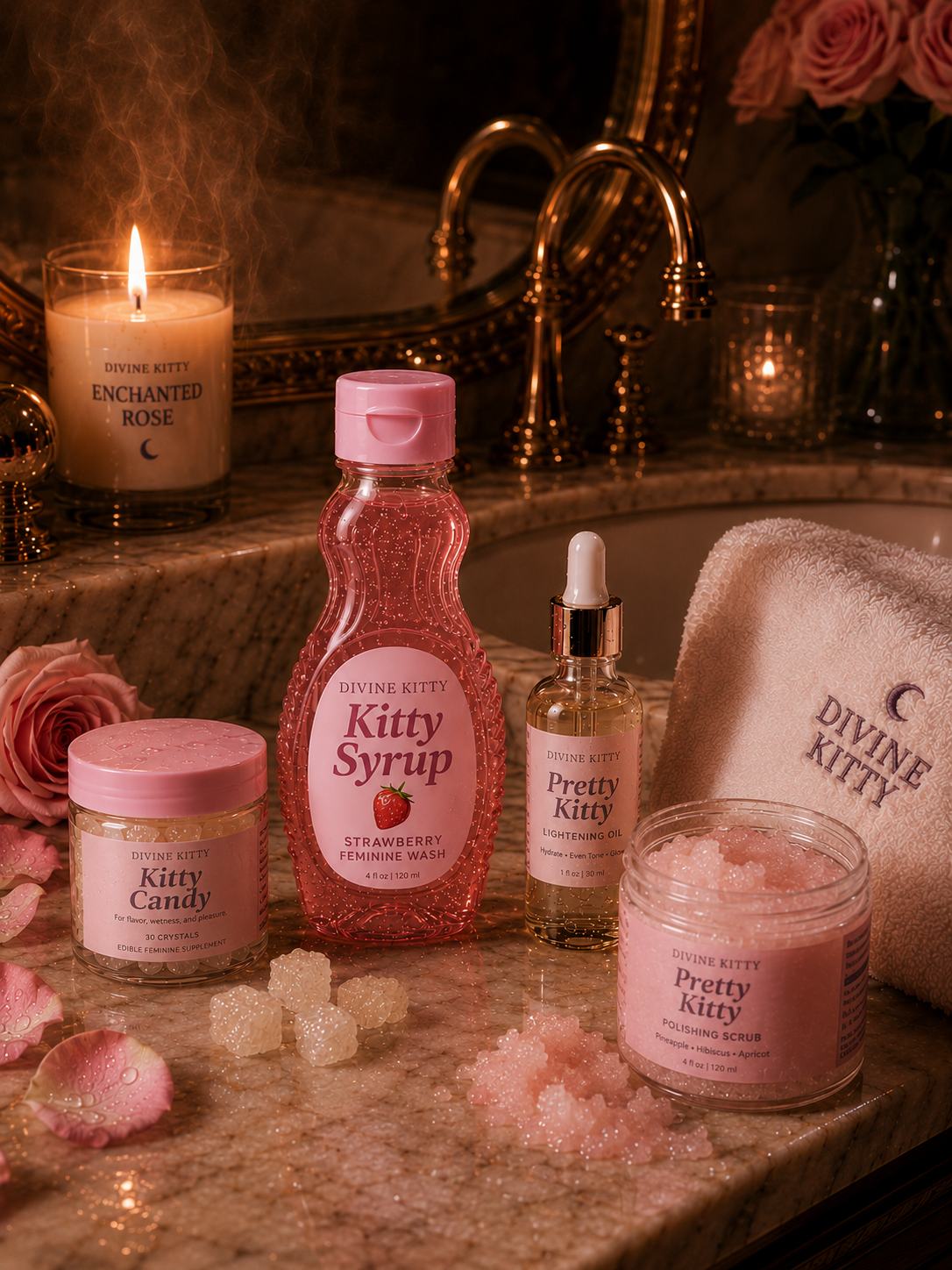 Divine Kitty products arranged on a marble vanity with candlelight, roses, and towel