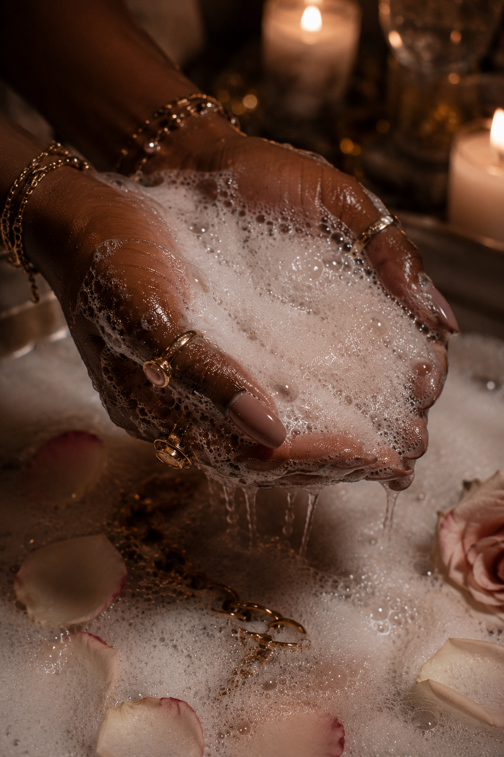 Soft cascading foam catching candlelight