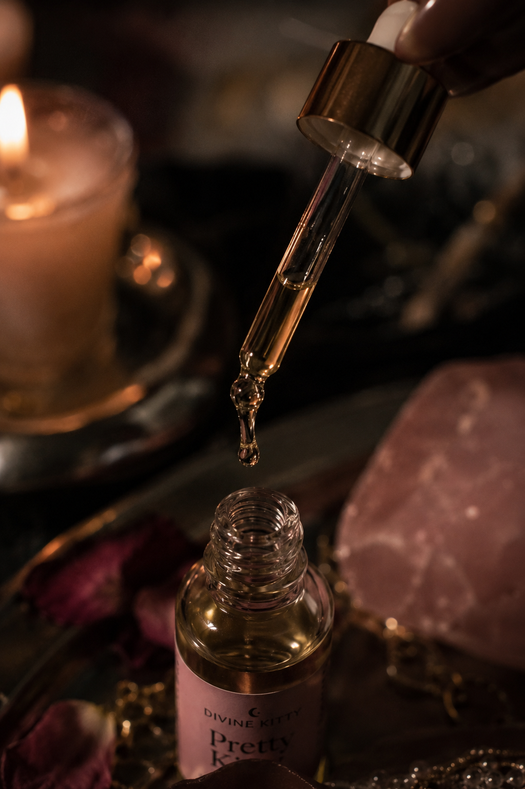Macro close-up of Divine Kitty Pretty Kitty Oil dropper for intimate brightening